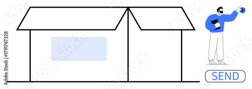 Large open cardboard box with mailing slot. Person standing, holding package and ball, pressing send. Ideal for delivery, logistics, shipping, e-commerce, management fulfillment simplicity flat