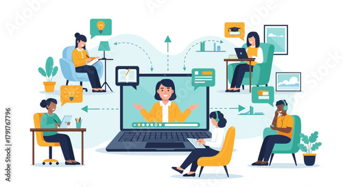 Online learning platform with diverse students attending a virtual class session