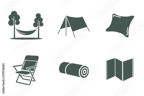 Outline color icons for outdoor leisure, illustrating hammock, chair, sleeping bag, representing recreational equipment and travel,