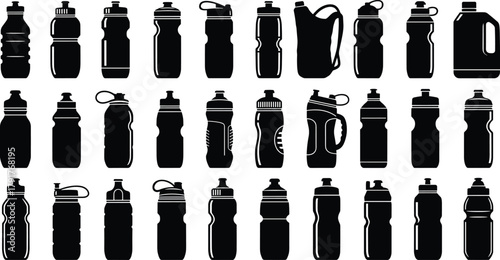 Collection of reusable water bottle silhouettes, plastic sports and gym containers vector illustration for hydration, eco lifestyle, fitness, travel, and healthy living design