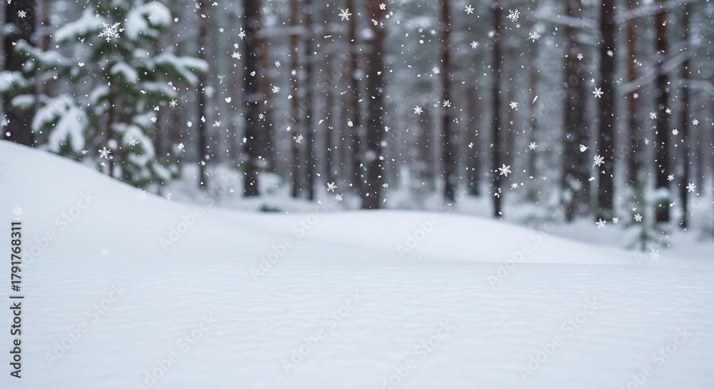 Fototapeta premium Winter Scene with Falling Snowflakes, Snow Drifts, and Blurred Forest Background for Christmas Display