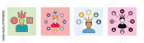 Influencer Marketing and Audience Engagement Vector Illustration Set Crown User Profile Icons