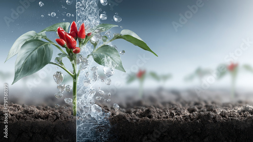Vibrant chili pepper plant with red and green peppers grows in rich brown soil, surrounded by water droplets, symbolizing growth and vitality