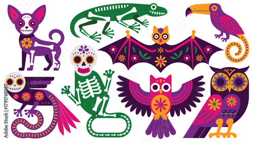 Colorful day of the dead animals, dog, cat, bat, owl, and chameleon illustration, sugar skull style, vibrant mexican holiday art, festive vector design.