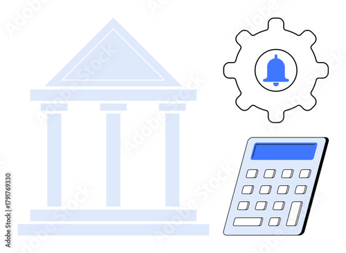 Government building pillars, calculator, gear with notification bell signify financial management, budgeting, audits, tax processing, compliance, automation, and data alert tracking in a simple flat