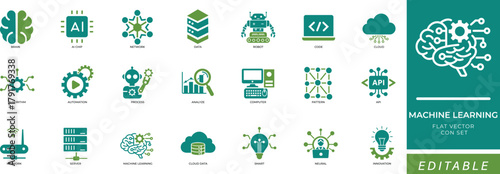 Machine learning, AI, data, neural network, automation flat vector icon set for technology, innovation, and digital analysis.