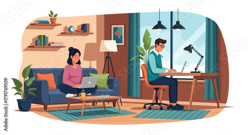 Couple working remotely on laptops in a cozy living room with natural light
