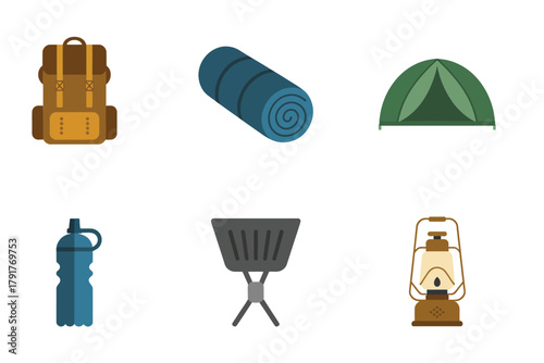 Flat vector icons for backpack, sleeping bag, tent, representing essential equipment for hiking and travel,