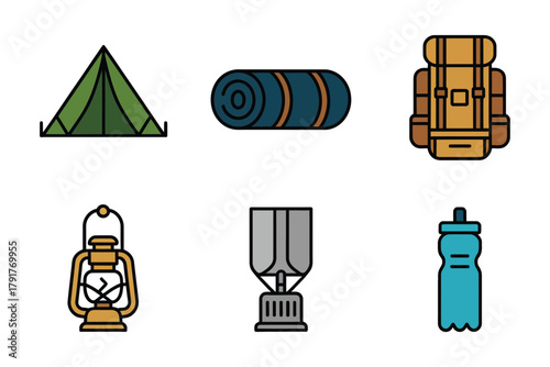 Detailed flat vector icons for travel kit, showing backpack, sleeping bag, tent, representing necessary items for adventure,