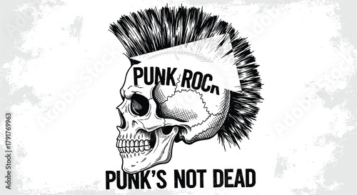 Illustration of a skull with a mohawk and the words punk rock and punks not dead in a black and white drawing style