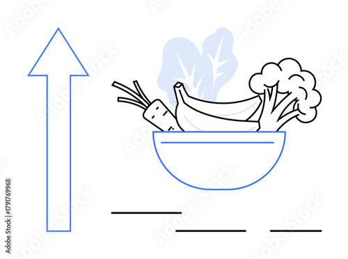 Assorted fruits and vegetables in a bowl, paired with an upward arrow. Ideal for growth, healthy living, nutrition awareness, success, lifestyle improvement, wellness, simple flat metaphor