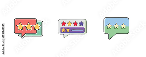 Star rating speech bubbles collection with varying star counts and progress bars representing customer feedback and service evaluation