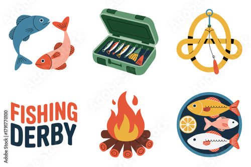 Flat vector icons for competition, featuring fish, tackle box, trophies, representing fishing and outdoor sports event,