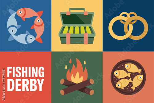 Flat vector icons for competition, featuring fish, grill, trophies, representing fishing and outdoor sports event,