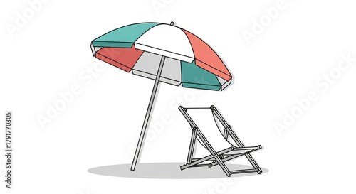 A minimalist beach scene featuring a white beach chair under a green and red umbrella, perfect for a relaxing day by the sea