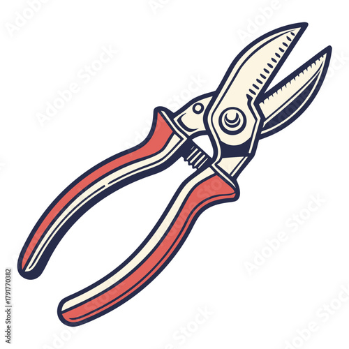 Garden pruning shears illustration with red handles and sharp blades