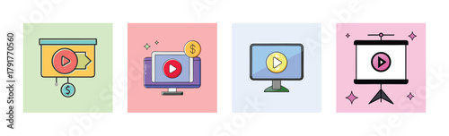 Video Content Marketing Displaying Play Button on Screen and Projector Presentation Icon Set
