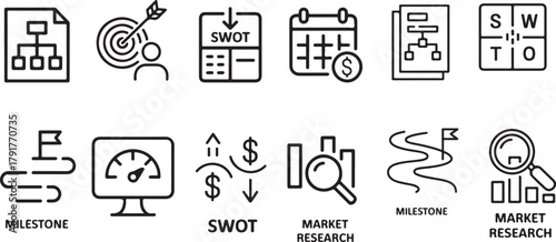 SWOT Analysis Icon Set | Thin Line Strategic Planning, Strength, Weakness, Opportunity, Threat Symbols Vector