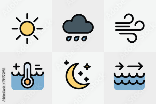 Detailed flat vector icons for climate elements, showing wind, moon, sun, representing weather changes and temperature forecasts,