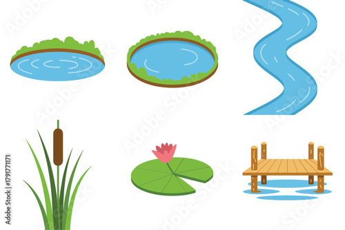 Flat vector icons for nature park, featuring river, lake, lily pads, representing peaceful outdoor scenery and environment,