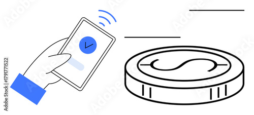 Hand holding smartphone with NFC activated, checkmark on screen near coin. Ideal for finance, technology, mobile payment, digital wallet, contactless payment, e-commerce blockchain. Simple flat