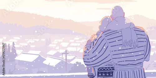 Para zakochanych w kimonach podziwia zimowy krajobraz z opadami śniegu z daleka.