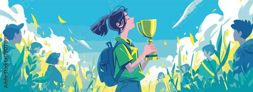 Młoda dziewczyna cieszy się ze zwycięstwa, trzymając złoty puchar na tle tłumu.