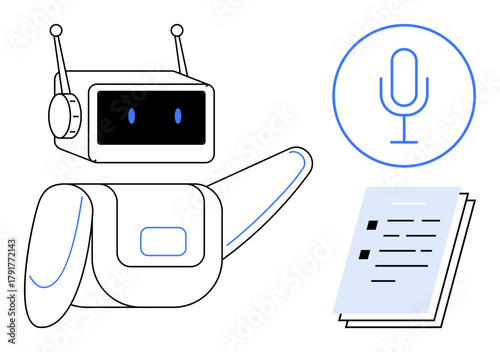 Robot gesturing towards microphone and document, emphasizing voice recognition, AI assistance, and automation. Ideal for technology, communication, robotics, AI integration, assistance systems
