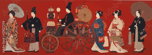 Ilustracja w stylu japońskim z postaciami w tradycyjnych kimonach i pojazdem na czerwonym tle.