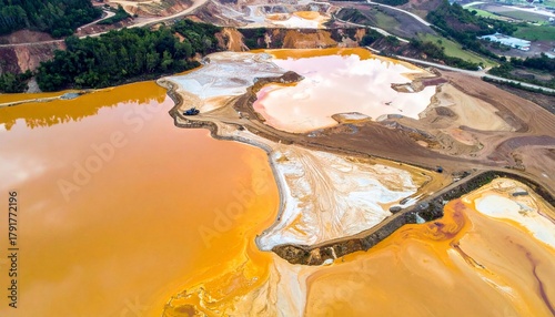 Aerial View of Industrial Pollution Toxic Orange Water in a Landscape.