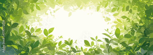 Jasne zielone liście tworzące ramę wokół pustego, jasnego centrum, symbolizujące naturę i świeżość.