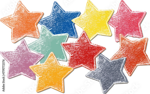 Kolorowe, ręcznie rysowane gwiazdy na białym tle, symbolizujące radość, sukces i kreatywność.
