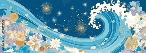 Abstrakcyjny motyw morskich fal z kwitnącymi kwiatami i gwiazdami w nocnym niebie.