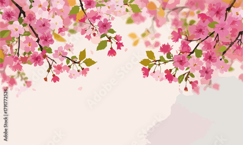 Kwiaty wiśni w pełnym rozkwicie na tle jasnego, pastelowego tła z delikatnym rozmytym motywem.