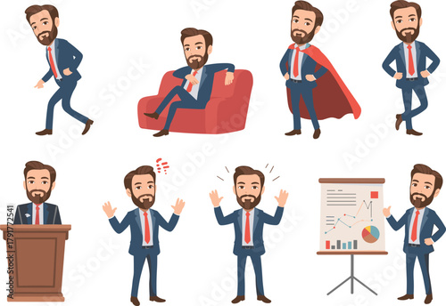 Businessman character cartoon set with various poses, emotions, presentation, leadership, motivation, speech, excitement, frustration, and casual actions