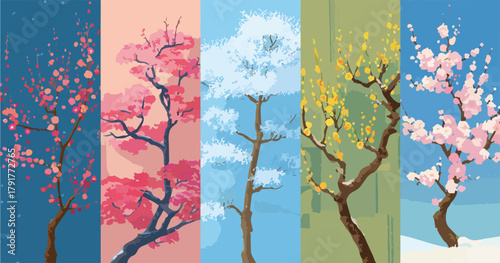Pięć drzew kwitnących wiosną, latem, jesienią i zimą, symbolizujących cykl życia i pory roku.