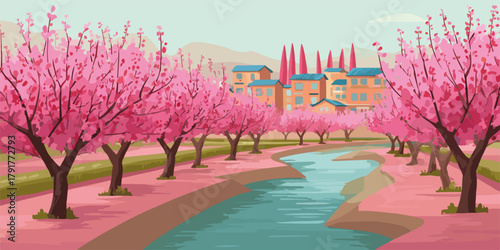 Malowniczy krajobraz z kwitnącymi drzewami wiśni i płynącą rzeką w tle z budynkami.
