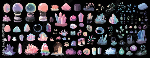 Kolekcja kryształów, magicznych kul i kamieni szlachetnych w pastelowych kolorach na czarnym tle.