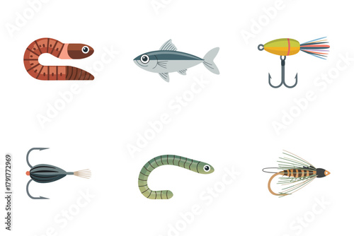 Outline color icons for fishing tackle, illustrating worms, lures, hooks, representing angling equipment and bait presentation,