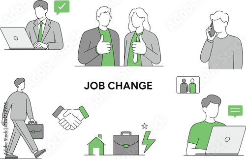 Career transition and job change concept with professionals communicating, relocating, working remotely, and engaging in business agreement and development