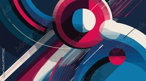 Abstrakcyjny geometryczny wzór z okręgami i liniami w kolorach niebieskim, czerwonym i białym, dynamiczna kompozycja.