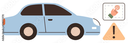 Blue car next to caution triangle and hand pressing touchscreen for alert or action. Ideal for driving safety, car features, warning notifications, hazard alert, system integration, tech support