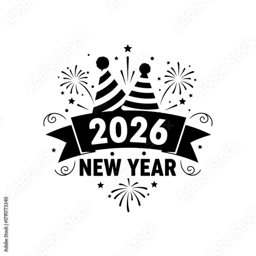 Happy New Year 2026 with balloons, a masquerade mask, and a bow tie, celebrating the upcoming year with festive decorations.