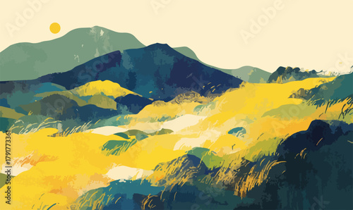 Abstrakcyjny krajobraz górski o zachodzie słońca z żywymi kolorami i malarskim stylem.