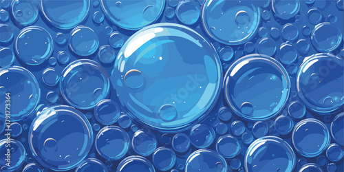Niebieskie bąbelki wody w zbliżeniu, tworzące abstrakcyjny wzór z różnymi rozmiarami kulek.