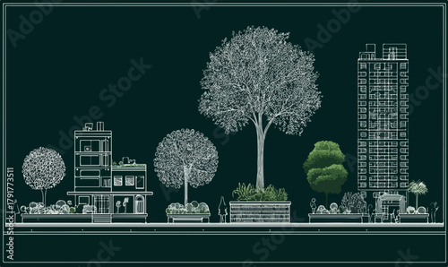 Architektoniczny szkic miasta z drzewami i budynkami, pokazujący zieleń miejską i architekturę.