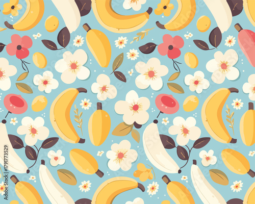 Wesoły, kolorowy wzór z bananami i kwiatami na niebieskim tle, idealny do projektów graficznych i dekoracji.