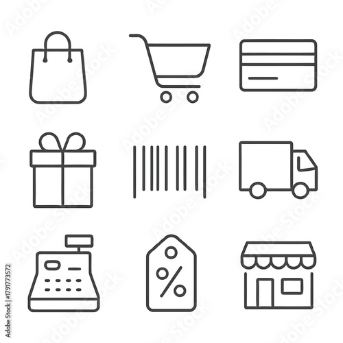 Vector illustration of set of simple line icons related to shopping and commerce