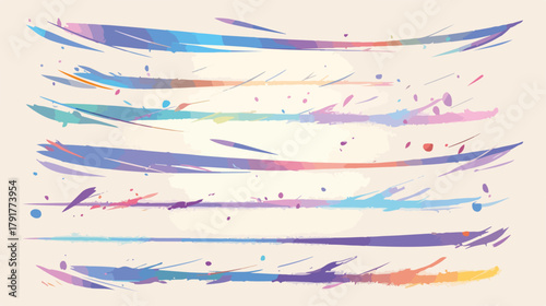 Abstrakcyjne pociągnięcia pędzlem i rozpryski farby w pastelowych kolorach tworzą dynamiczne linie i wzory.