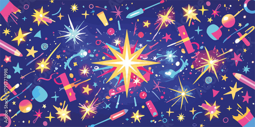 Abstrakcyjne tło z mnóstwem kolorowych gwiazd, błysków i magicznych elementów, tworzące radosną i świąteczną atmosferę.